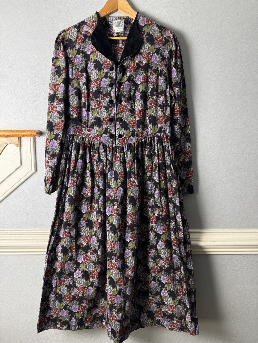 Vintage 80s Laura Ashley Black Floral Dress with Purple and Burgundy Roses